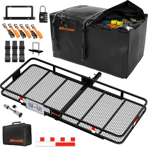 Mockins XXL Folding Trailer Hitch Cargo Carrier - 500 Lbs Capacity | All-Weather Steel Rack with Waterproof Bag & Accessories