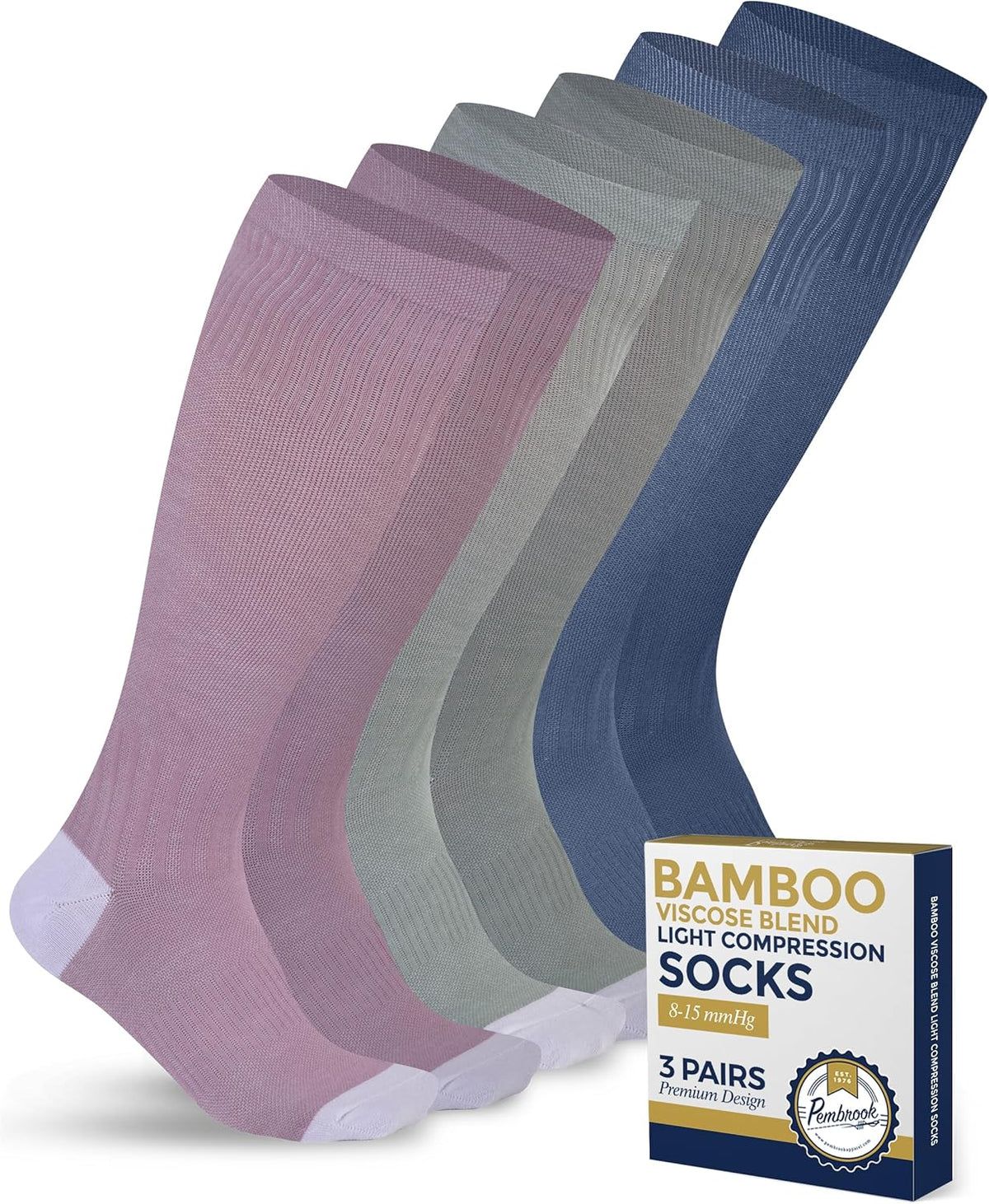 Pembrook Bamboo Viscose Compression Socks - 8-15 mmHg Knee High Support | 3 Pairs for Ultimate Comfort