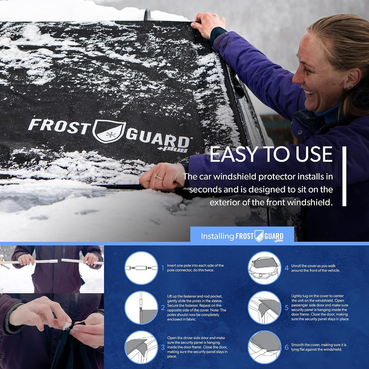 FrostGuard Plus | Winter Windshield Cover for Ice and Snow, Standard Size (Black) - Built-in Security Panels, Wiper Blade Coverage + Mirror Covers - Fits Standard Size Cars, 59 x 41 Inches