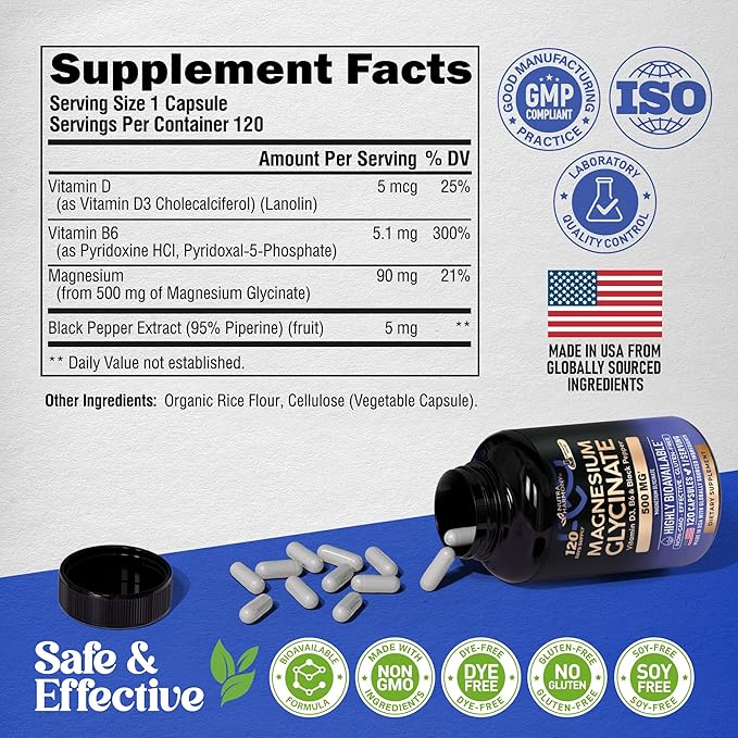Magnesium Glycinate 500 mg - Chelated Supplement - 98% High Absorption - Support for Sleep, Muscle & Heart Health - Made in USA, Lab Tested & Non-GMO - 120 Capsules