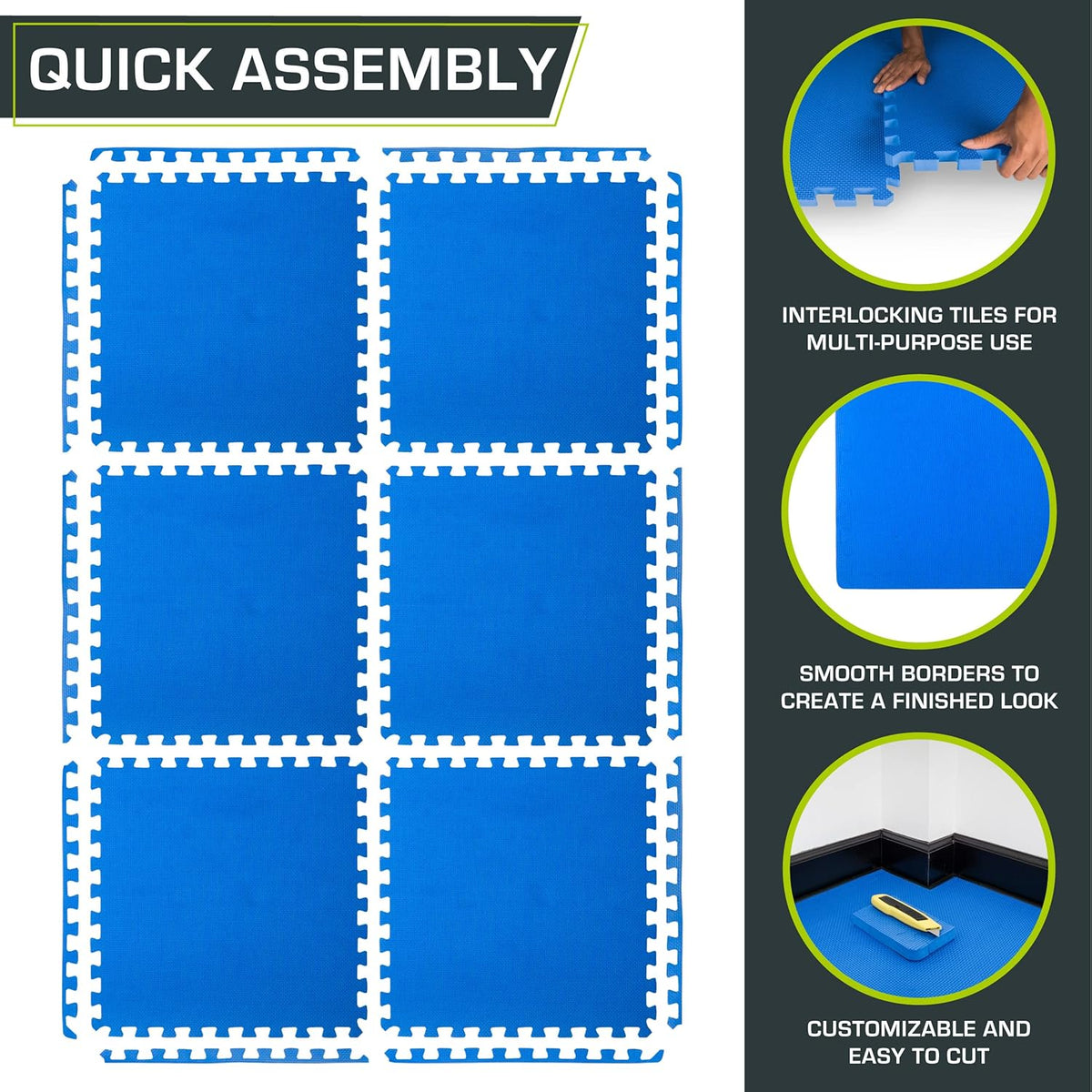 ProsourceFit Extra Thick Exercise Puzzle Mat - ¾-Inch EVA Foam Interlocking Tiles | Blue, 24 SQ FT, 6 Tiles for Home & Gym