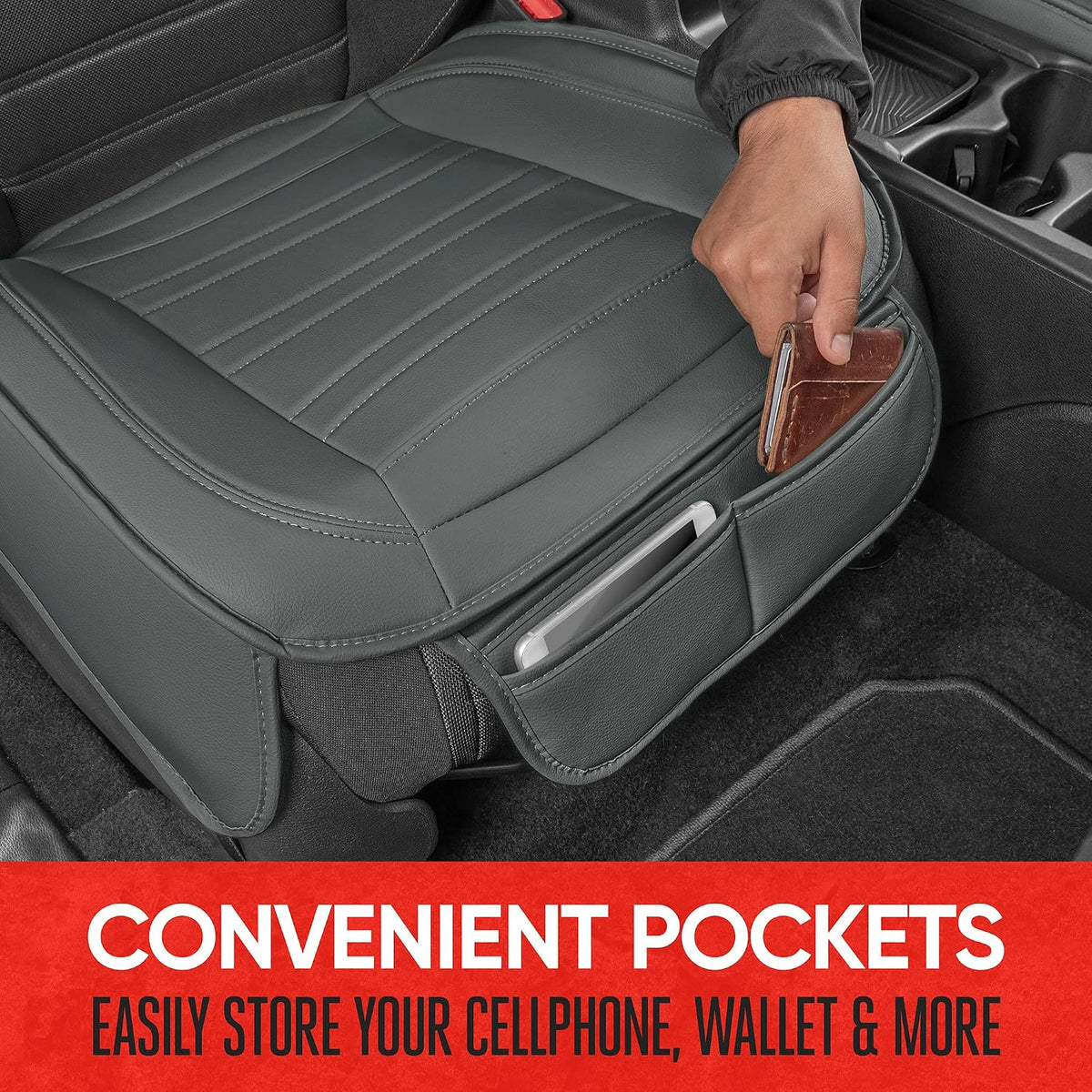 Motor Trend Gray Faux Leather 1-Piece Padded Car Seat Protector with Storage Pockets, Premium Interior Front Seat Cover for Cars Truck SUV Auto