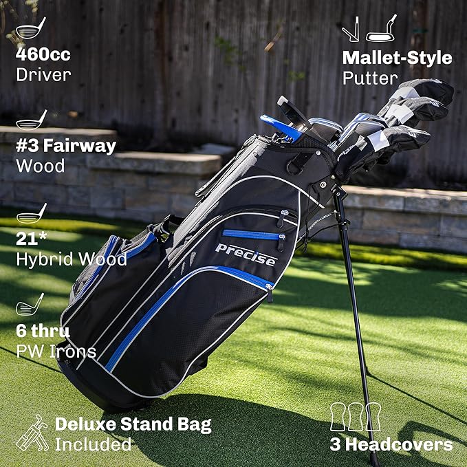 Precise M3 Men's Right-Handed Complete Golf Club Set | Package Includes: 460CC Driver, 3 Wood, 21* Hybrid, 6-9 Irons, Pitching Wedge, Putter, Deluxe Stand Bag, 3 Headcovers | Select Your Size & Color