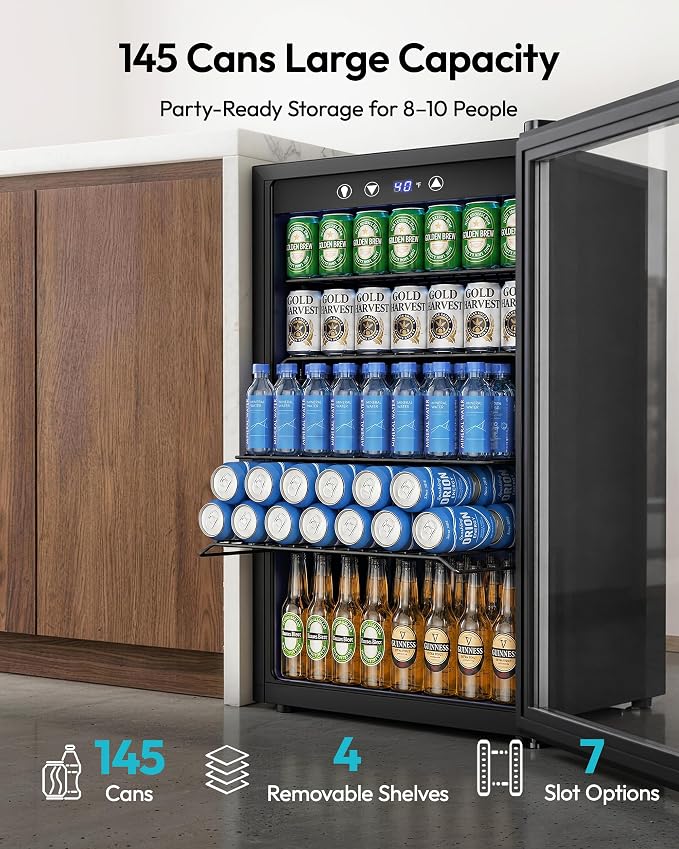 EUHOMY 4.5 Cu.ft Beverage Refrigerator and Cooler, 145 Can Mini fridge with Glass Door for Soda Beer Wine, Small Drink Dispenser with Digital Adjustable Thermostat for Home Office Bar