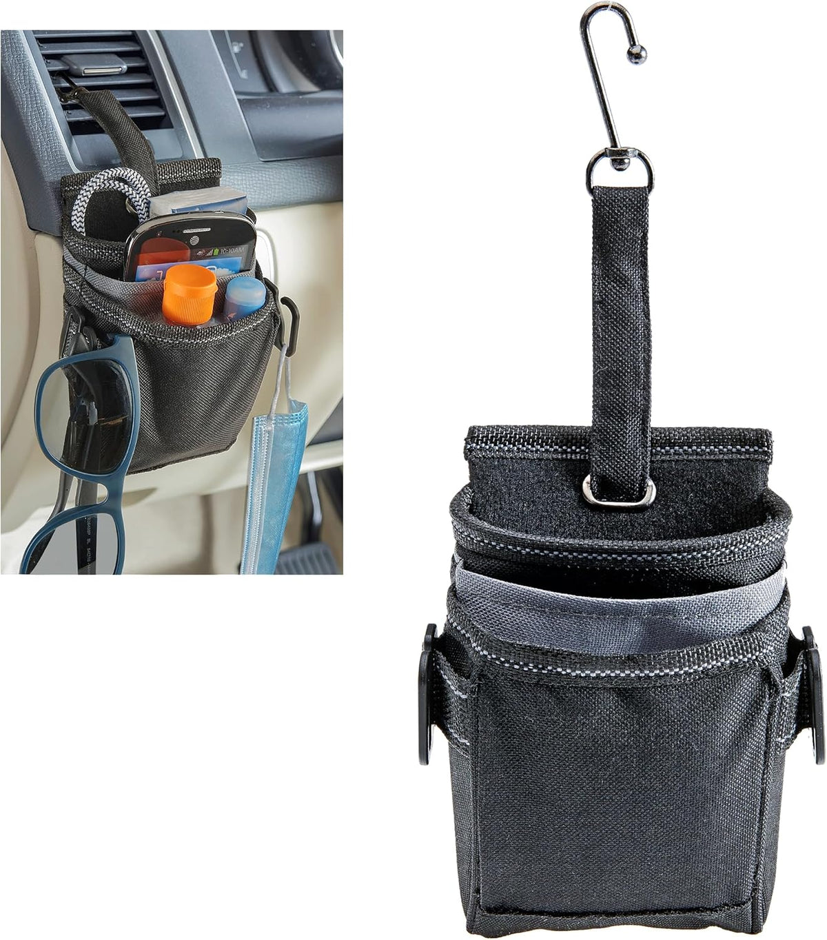 High Road DriverPockets Car Pouch - Air Vent Pocket and Vent Cell Phone Holder for Car - Front Seat Organizer with 3 Pockets, Hanging Hooks and Charging Port
