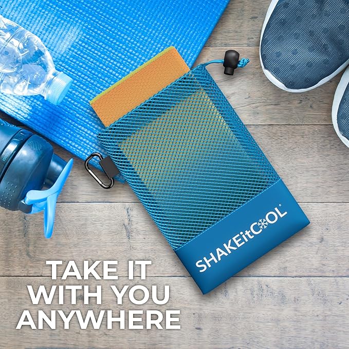 SHAKEitCOOL Extended Size Cooling Towel – Be Cool in Style - Heat Relief, Soft, Lightweight, Sun Protection, Easy Clean - Perfect for Biking, Hiking, Running, Yoga, Golf - Orange Blue Ombre M