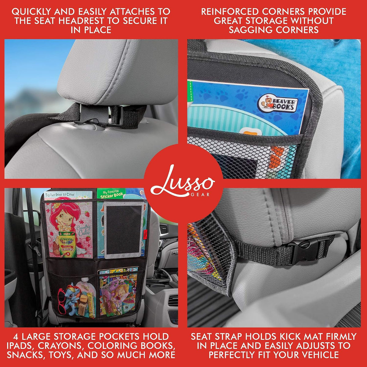 Lusso Gear Kick Mats (2 Pack) - Car Seat Back Protectors, Premium Waterproof Fabric, Reinforced Corners to Prevent Sag, and 4 Mesh Pockets for Large Storage (Tan)