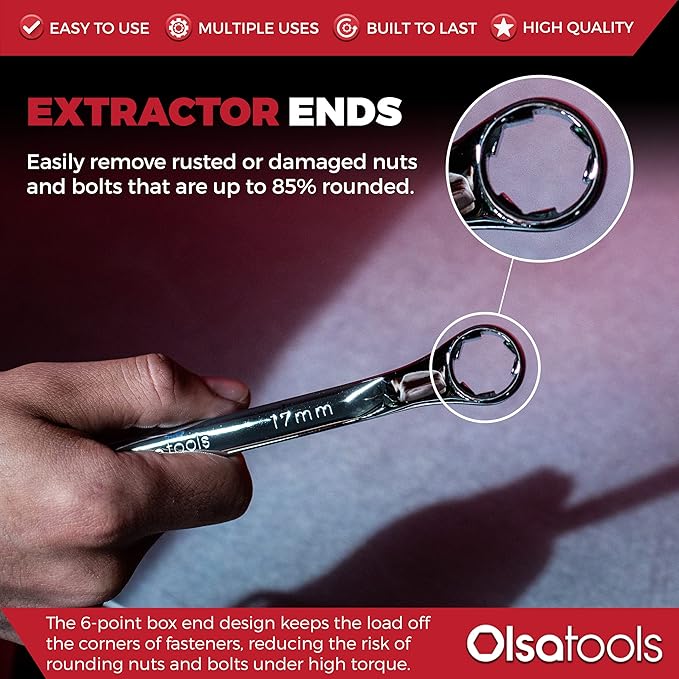 Olsa Tools Bolt Extractor Offset Wrench Set - 7pc Rounded Fastener Remover Kit - 6-Point Box-End Metric Design - Stripped Bolt & Nut Removal Tool - Professional Grade Mechanic Wrenches - Part: 1311
