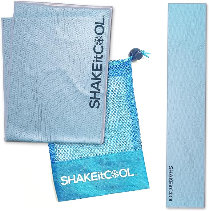 SHAKEitCOOL Original Cooling Towel – Be Cool in Style - Heat Relief, Soft, Lightweight, Sun Protection, Easy Clean - Perfect for Biking, Running, Yoga, Gym, Gardening - Blue Wave