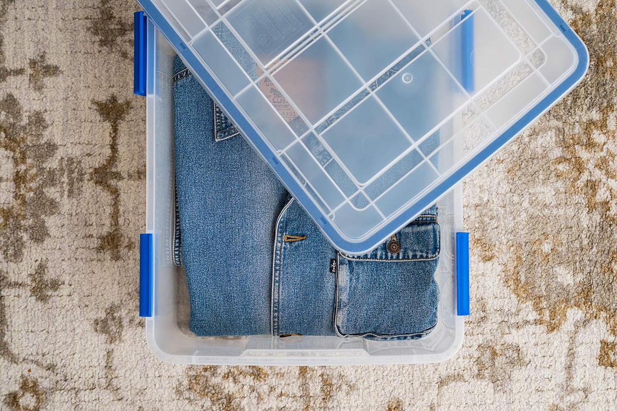 IRIS USA WeatherPro 27 Qt Storage Bins with Lids, 3 Pack, BPA-Free Plastic Gasket Box with Tight Latch and Seal, Stackable Nestable Tote Tub - Clear/Blue