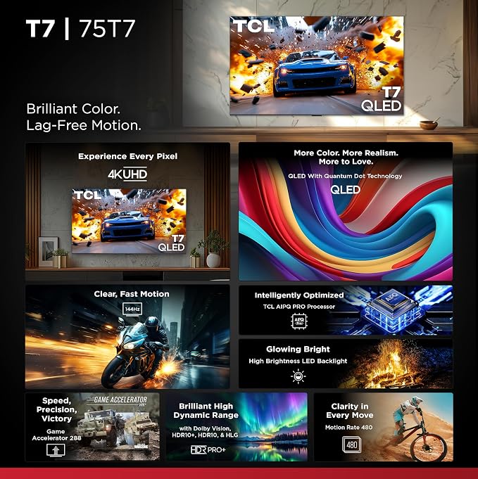 TCL 75" T7 4K QLED Google TV with 144Hz Gaming (75T7) | Smooth Motion for Sports & Gaming