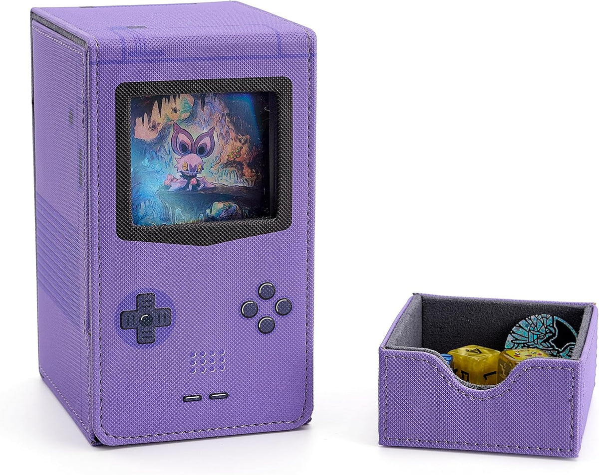 Venssu Retro Gaming Console - MTG Deck Box with Dice Tray & Commander Display | PU Leather for 120 Cards (Purple)