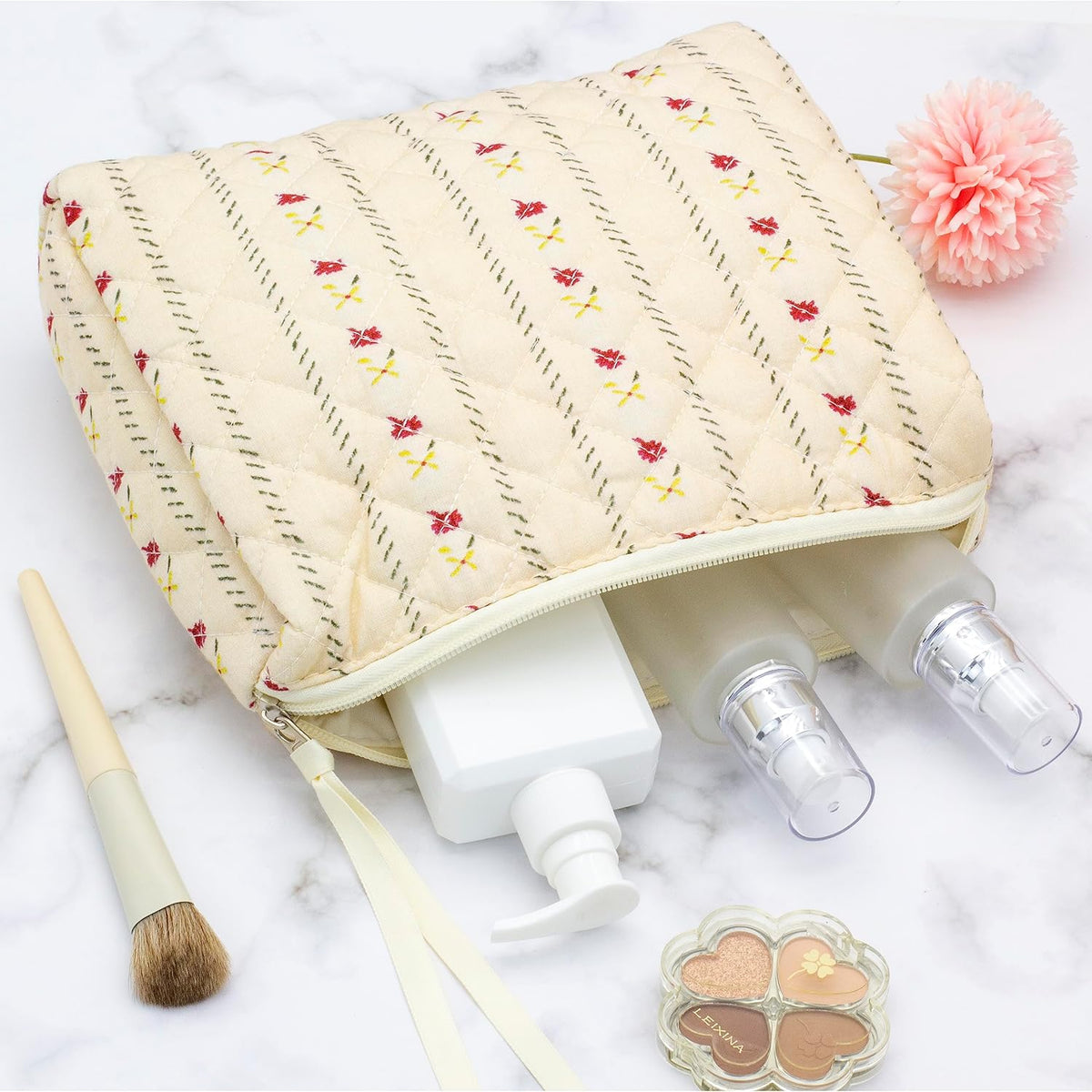 Quilted Makeup Pouch for Women, Travel Cosmetic&Toiletry Bag,Flower Beige