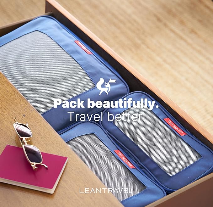 LeanTravel Premium Compression Packing Cubes for Travel - Luggage Organizers with Double Zipper - Sturdy Bags for Suitcase (3-Pack, Navy Blue)