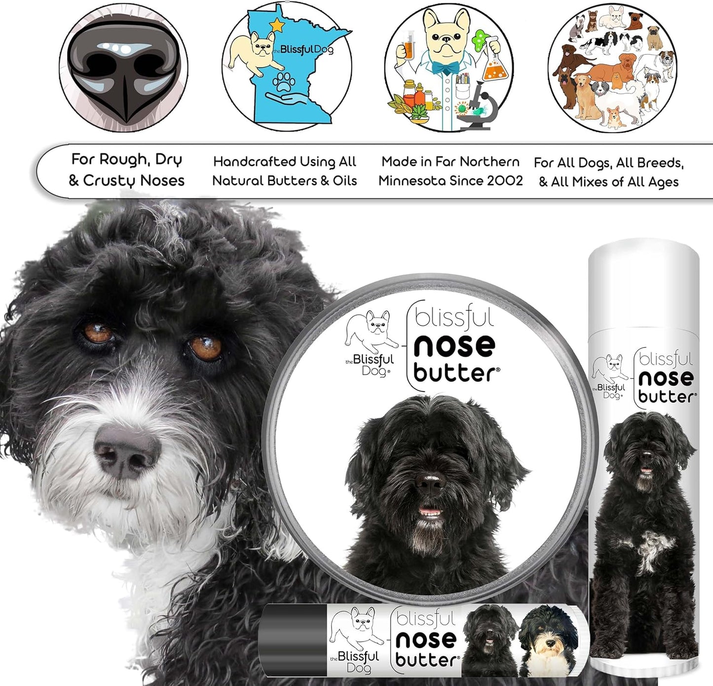 The Blissful Dog Portuguese Water Dog Unscented Nose Butter - Dog Nose Butter, 1 Ounce