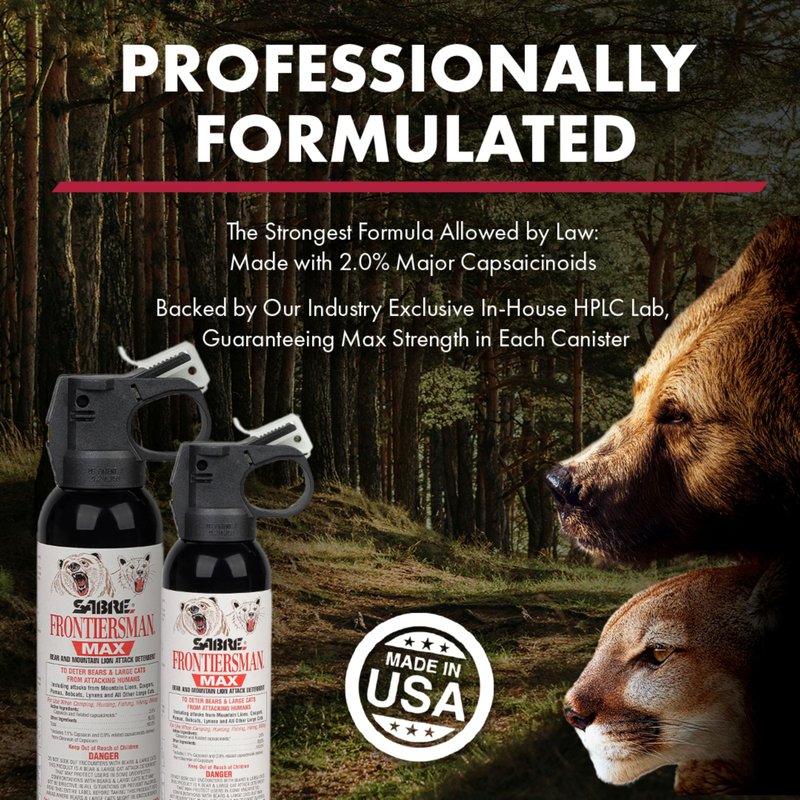 Sabre Frontiersman MAX Bear Spray – 40 ft Range, Maximum Strength, The Only EPA-Registered Spray for Bears & Mountain Lions, 7.9 oz, Glow Safety Clip, Outdoor Hiking & Camping Protection
