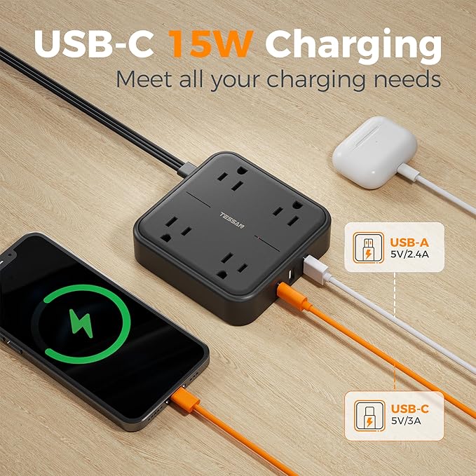 TESSAN Surge Protector Flat Extension Cord 5Ft, Flat Plug Power Strip with 4 Outlets 3 USB Ports (1 USB C), 900 Joules Protection, Multiple Wall Outlet Extender Suitable for Home Office Dorm, Black