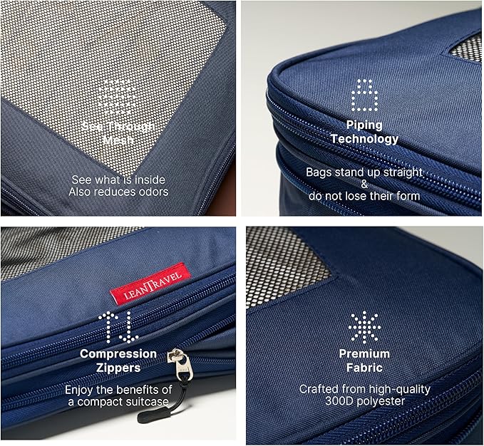 LeanTravel Premium Compression Packing Cubes for Travel - Luggage Organizers with Double Zipper - Sturdy Bags for Suitcase (4-Pack, Navy Blue)