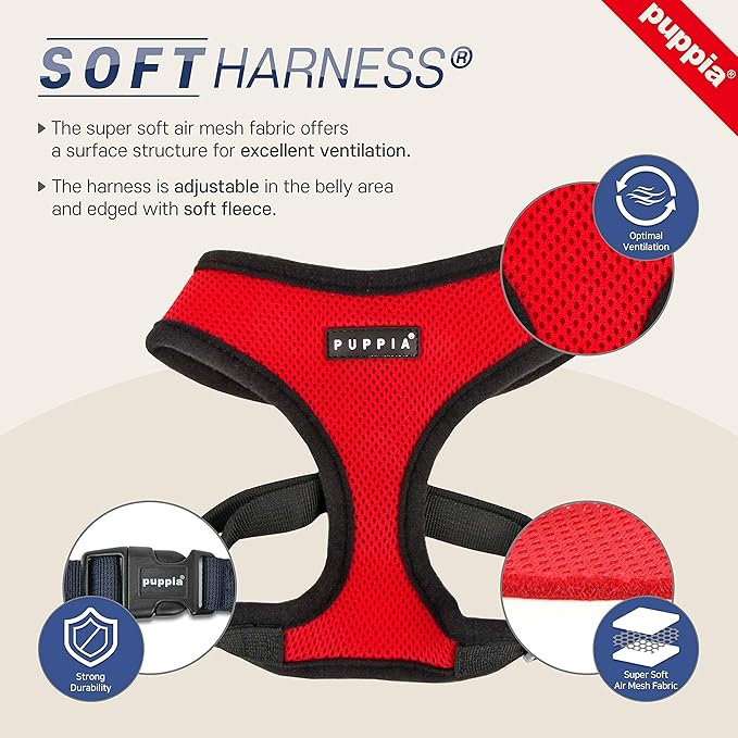Puppia Soft Dog Harness No Choke Over-The-Head Triple Layered Breathable Mesh Adjustable Chest Belt and Quick-Release Buckle, Green, Large