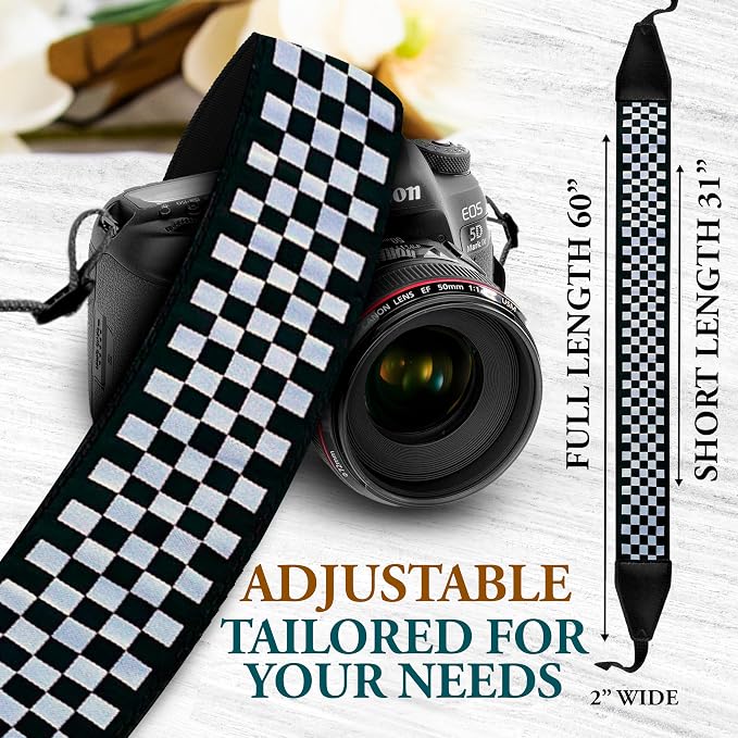 Art Tribute Custom Black White Checkers Camera Strap