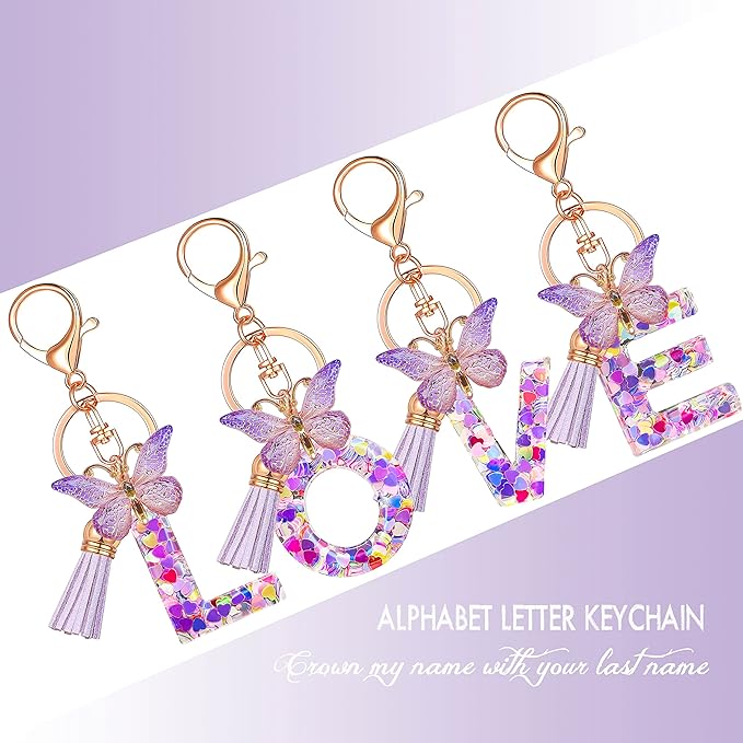JINGUAZI Initial letter Keychains for Women Tassel Butterfly Pink Purple Cute Car Keychain for Wallet Backpack bag charm