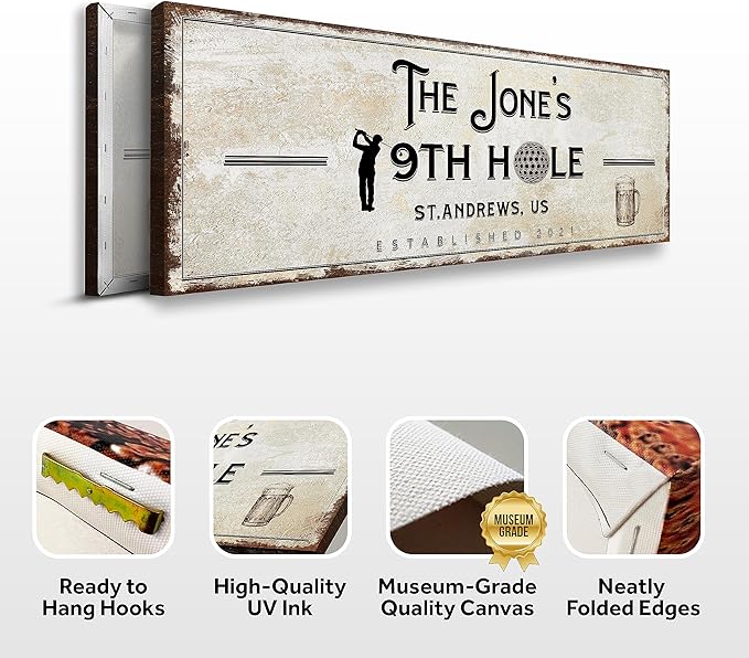 TAILORED CANVASES Golf Art Decor - Personalized Vintage Golf Wall Art Sign for Man Cave, Bedroom, Basement, Home Bar and Custom Gift for Husband, Dad, Wedding & Anniversary - 19th Hole Sign, 36"x12"