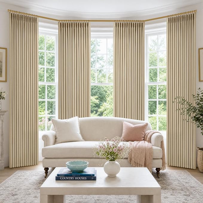 Tan Beige Pinch Pleated Linen Curtains 84 Inches Long