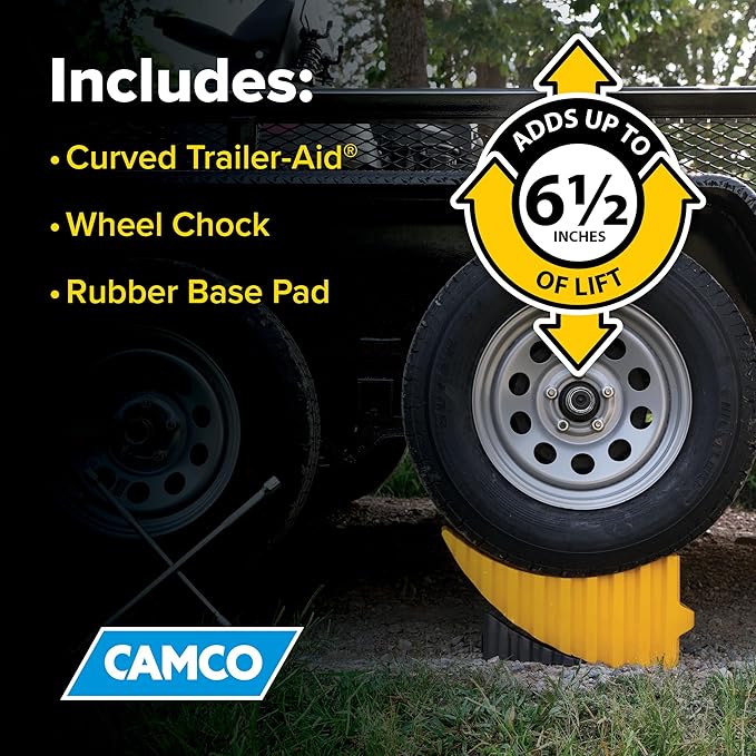Camco Camper/RV Curved Trailer Aid - Features 6.5" of Lift & Includes Wheel Chock and Rubber Base Pad - Designed for Trailers Up to 20,000lbs & Compatible w/ Tires Up to 32" (44436)