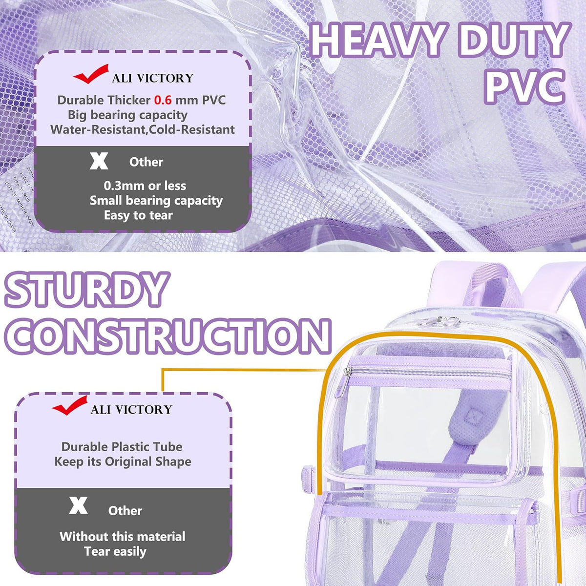 Skiennix Large Clear Backpack - Heavy Duty PVC for 16-Inch Laptops | Transparent Design for School & Travel - Purple