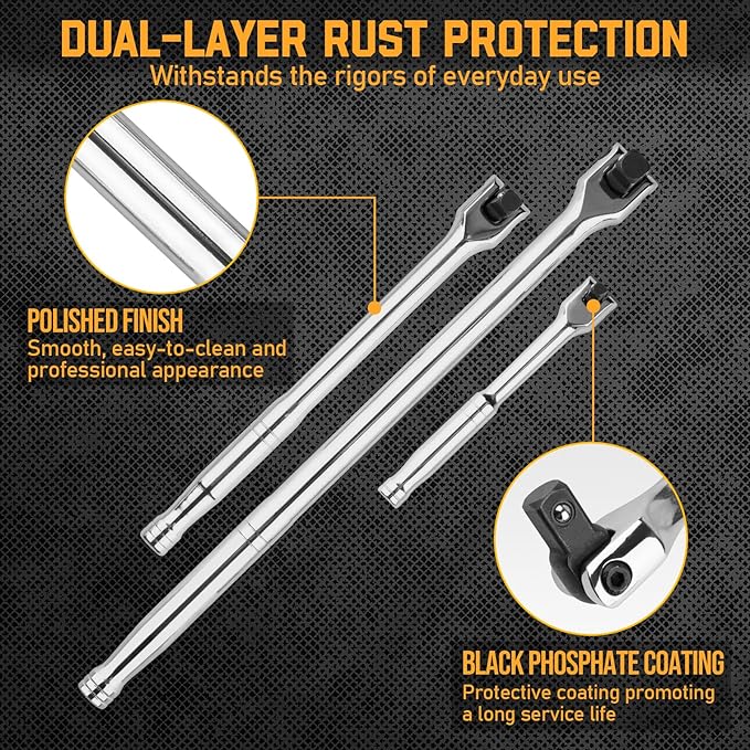 3PCS Breaker Bar Set, 3/8'', 1/4in, 1/2inch Breaker Bars with 180°Rotatable Head, Heavy Duty Breaker Bar Kit with 15 inch, 10 inch, 6 inch Length for Automobile and Motorcycle Maintenance and Repair