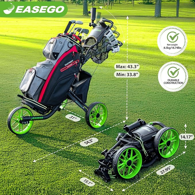 Golf Push Cart 3 Wheel : Golf Bag Cart Foldable with Phone Holder/Cup/Umbrella Holder Compact Golf Pull Carts Quick Fold Golf Caddy Push Carts with Large Wheelbase for Different Terrain