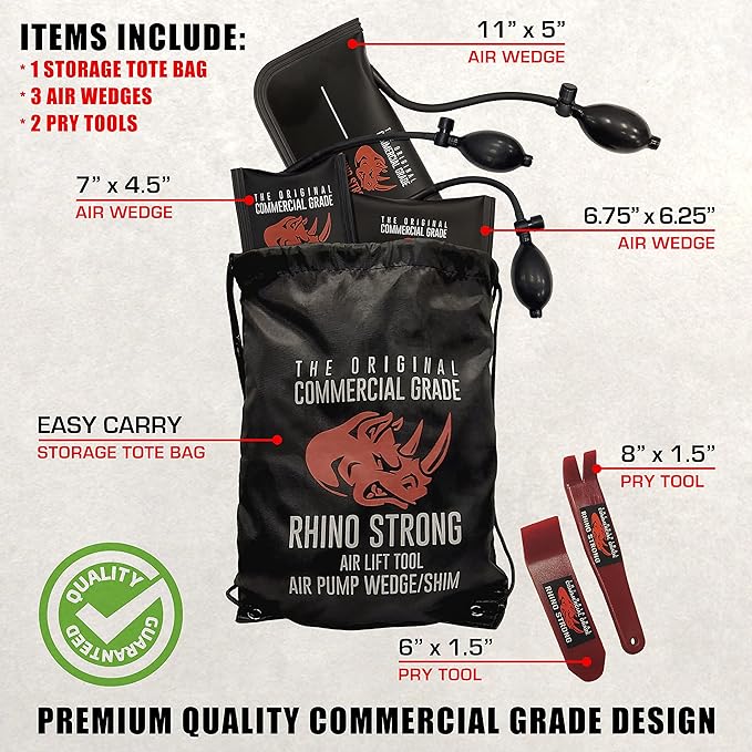 The Original Rhino Strong Commercial Grade Air Wedge Bag Pump Professional Leveling Kit & Alignment Tool Inflatable Shim Bag 3 Piece (Small, Medium, Large). 3 sizes for all of your individual needs.