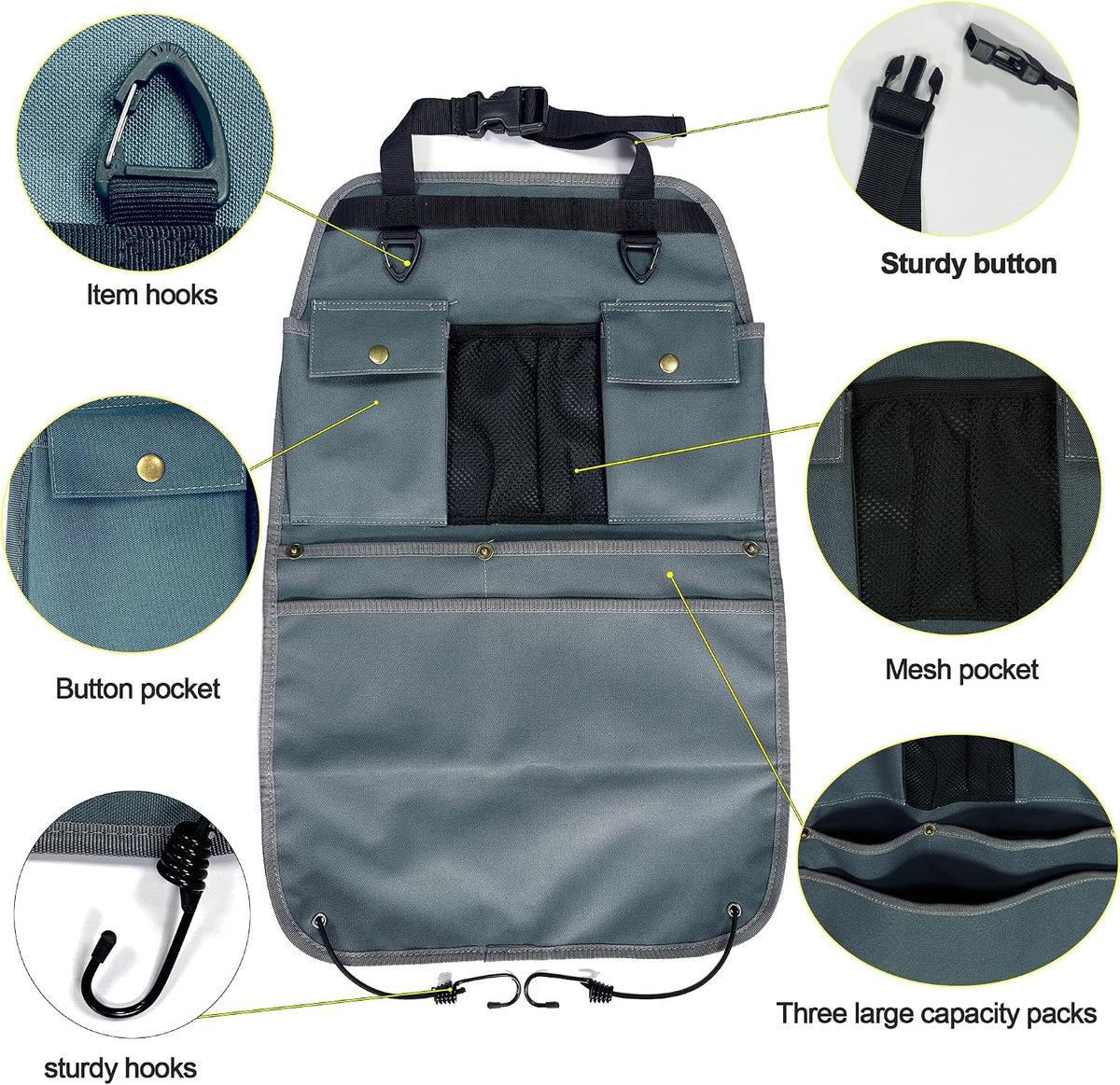 Car Seat Back Organizer with Multiple Pockets and Hooks (grey)