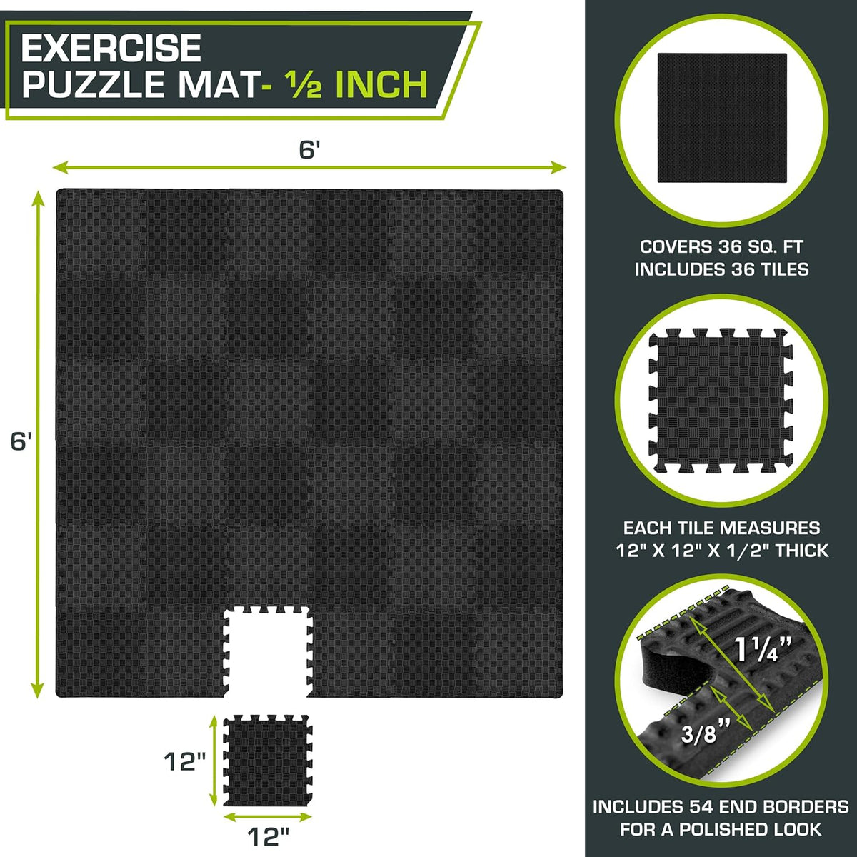 ProsourceFit Exercise Puzzle Mat - Non-Slip EVA Foam Gym Tiles | ½-Inch Thick, 36 Sq Ft, Black, 36 Pieces