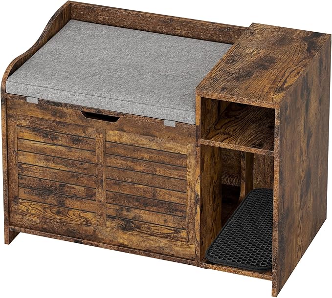 TrailBlaze Litter Box Enclosure with Top Opening&Scratching Mat, Cat Litter Box Furniture with Cushion Litter Box Hidden Wooden Cat Washroom Farmhouse Style Cat House for Hallway, Bedroom, Retro