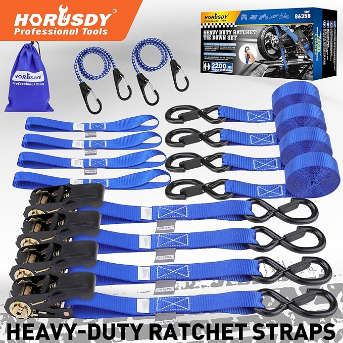 Ratchet Straps Heavy Duty, Tie Down Straps Ratchet Set, 2200 LB Break Strength, Safety Lock S Hooks, Best for Moving, Securing Cargo, Kayaks, Mountain (4 Pack)