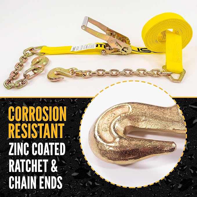 US Cargo Control Chain Ratchet Straps 2 Inch x 27 Foot (196 Count Pallet), 10,000 LBS Break Strength, Heavy Duty Ratchet Straps with Chains Ends & Grab Hooks, Heavy Equipment Tie-Downs, Tractor