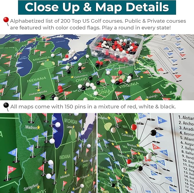 Push Pin Travel Maps Customizable Wall Art - Top Golf Courses USA Map - Brown Frame - Framed Pin Map, Includes 150 Pins - Handcrafted in USA - 27.5" x 39.5"