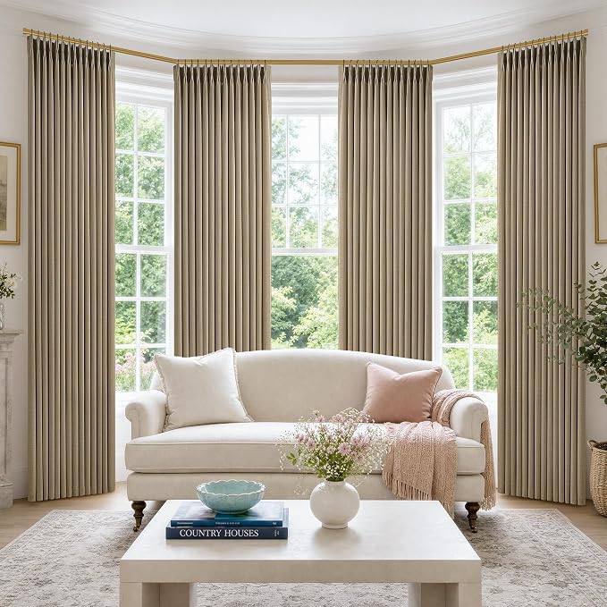 Light Brown Pinch Pleated Linen Curtains 84 Inches Long