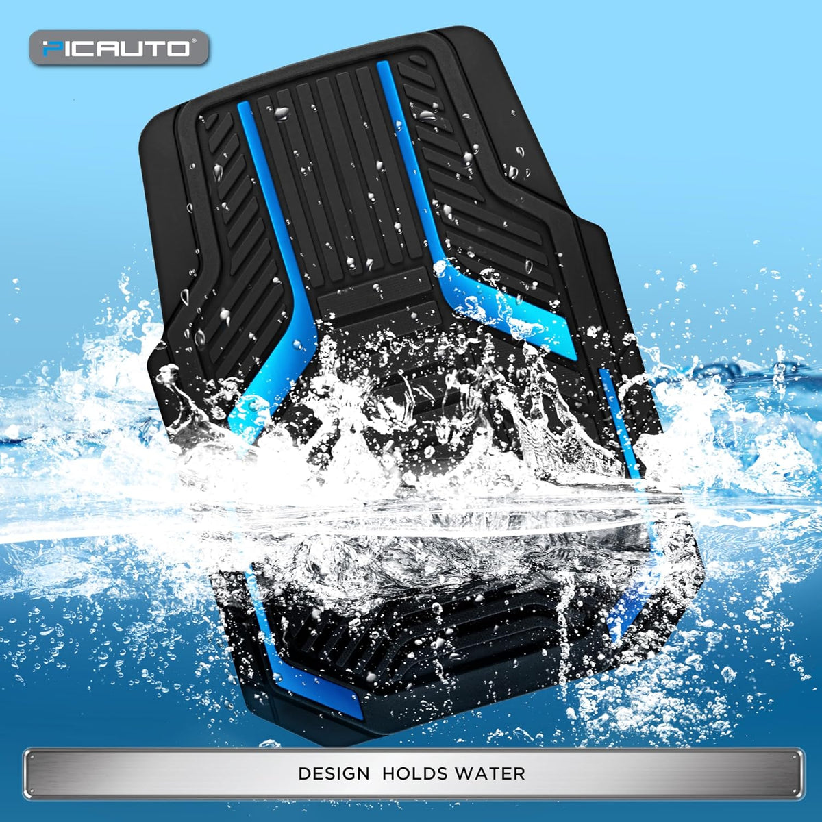 PIC AUTO Heavy Duty Rubber Floor Mats, Blue Aluminum Film Car Mats Set, Front and Rear Car Mats with Anti-Slip Backing, All Weather Protection, Trim-to-Fit for Automotive SUV, Sedan, Van