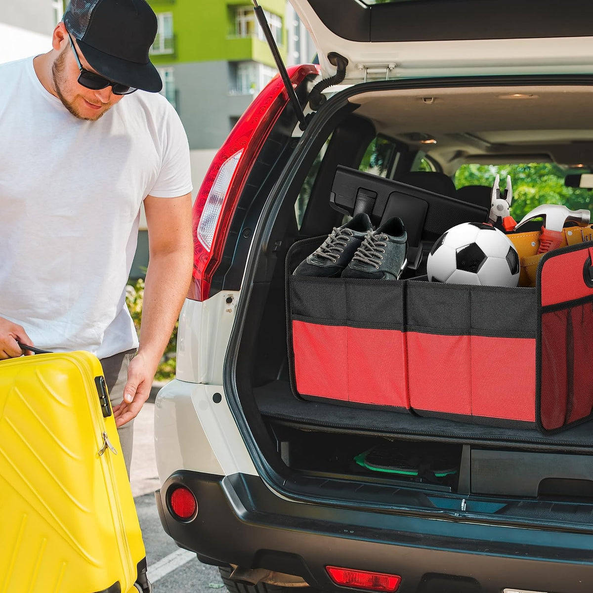Simple Deluxe Trunk Organizer for Car/SUV/Truck, Collapsible 2 Compartment 50L Automotive Storage Box with 5 Pocket, 600D Waterproof Oxford Polyester, Anti-slip & Leak-proof, Red New