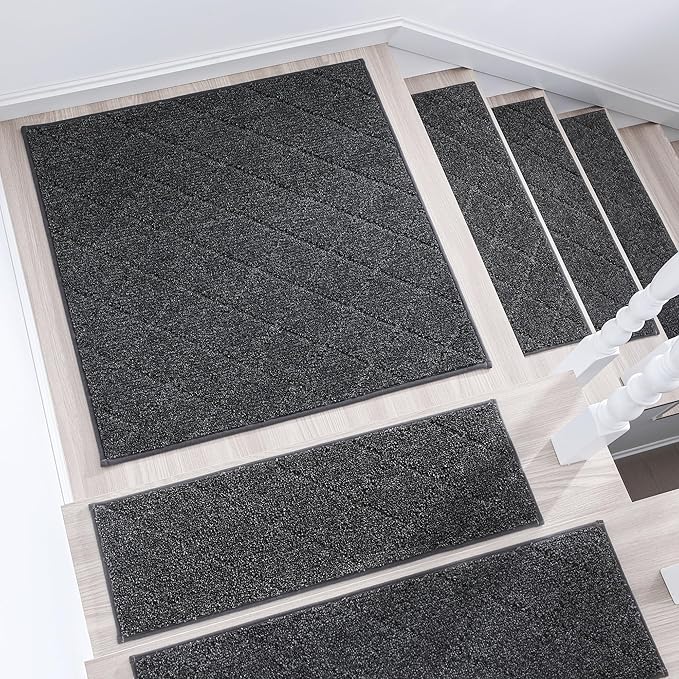COSY HOMEER Edging Stair Treads Non-Slip Corner Indoor Stair Runners for Wooden Steps,Landing Slip Resistant Stair Rugs Mat for Kids and Dogs,100% Polyester TPE Backing,Black,30x30 inch