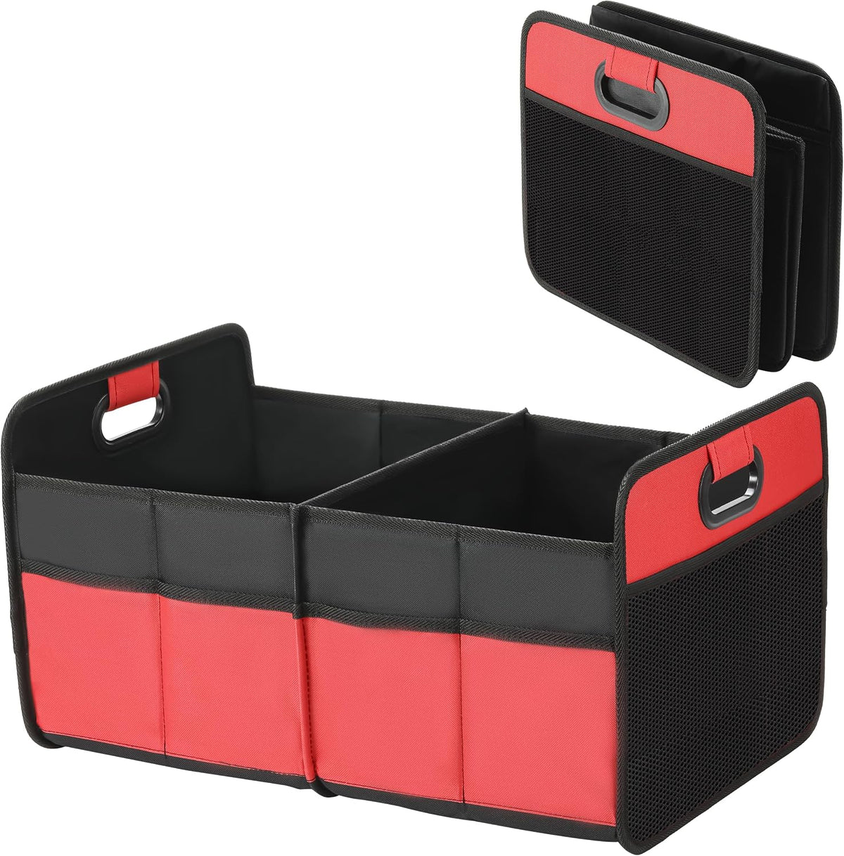 YSSOA 2 Compartments Car Trunk Organizer, 600D Waterproof Oxford Polyester Car Storage, Anti-slip 14" D x 22" W x 12" H Collapsible Trunk Storage, Suitable for SUV, Minivan, Truck, Red