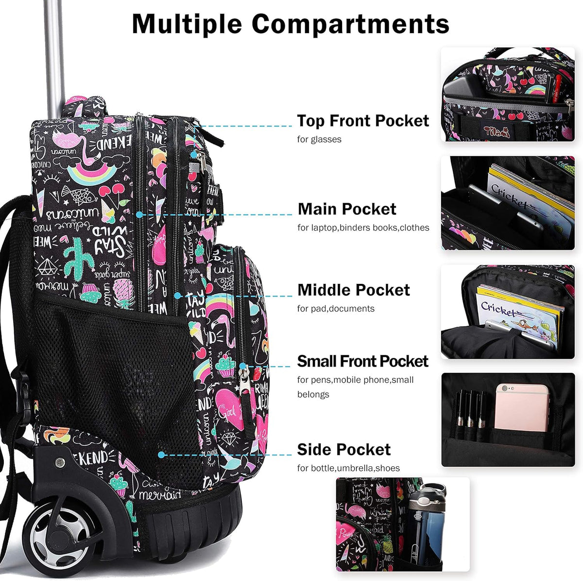 Tilami Rolling Backpack - 19 Inch Wheeled Laptop Bag with Lunch Bag | Insulated & Stylish