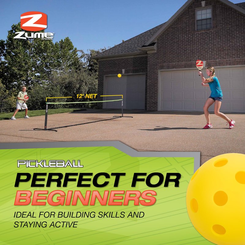 Zume Games Pickleball Set – Complete Portable Pickleball Kit with 12' Net, 2 Wooden Paddles, 2 Balls & Carry Case – Beginner-Friendly Outdoor Game for Driveways, Parks, Tailgates & Backyard Fun