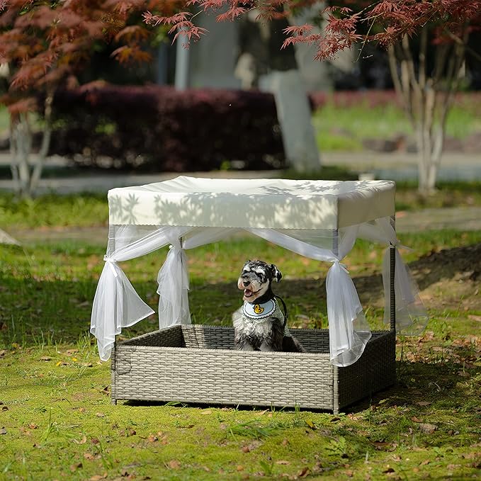Outdoor Elevated Dog Bed with Curtain Canopy, Durable PE Wicker Pet Bed for Dogs and Cats, Patio Pet Furniture with Washable Cushion, Raised Pet Enclosure for Garden, Backyard & Indoor Use