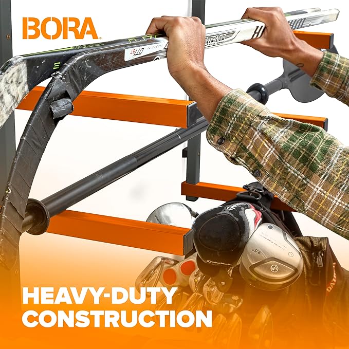 BORA Wood Storage Rack Wall Mount - Heavy Duty Lumber Storage Rack System for Garage Organization - 4-Level Workshop Organizer for Lumber, Pipes & Tools - 440lb Capacity Orange & Grey PBR-0410
