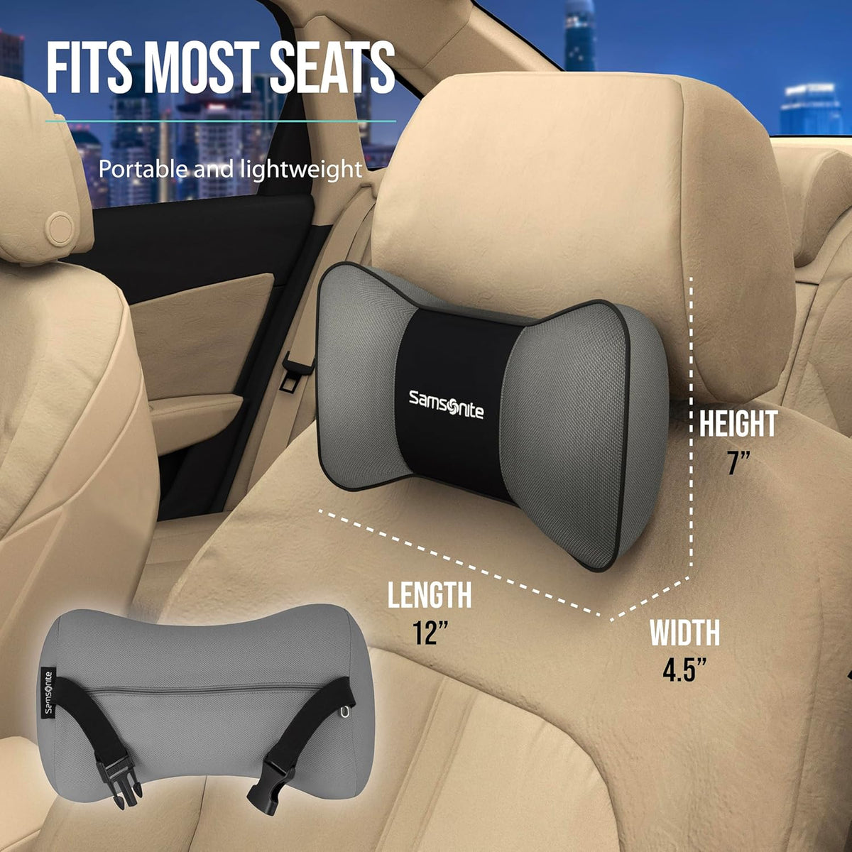 SAMSONITE, Travel Neck Pillow for Car or SUV, Boost your DRIVING COMFORT, High Grade - Memory Foam, Comfortable Headrest Cushion, Fits ALL VEHICLES, Gray…