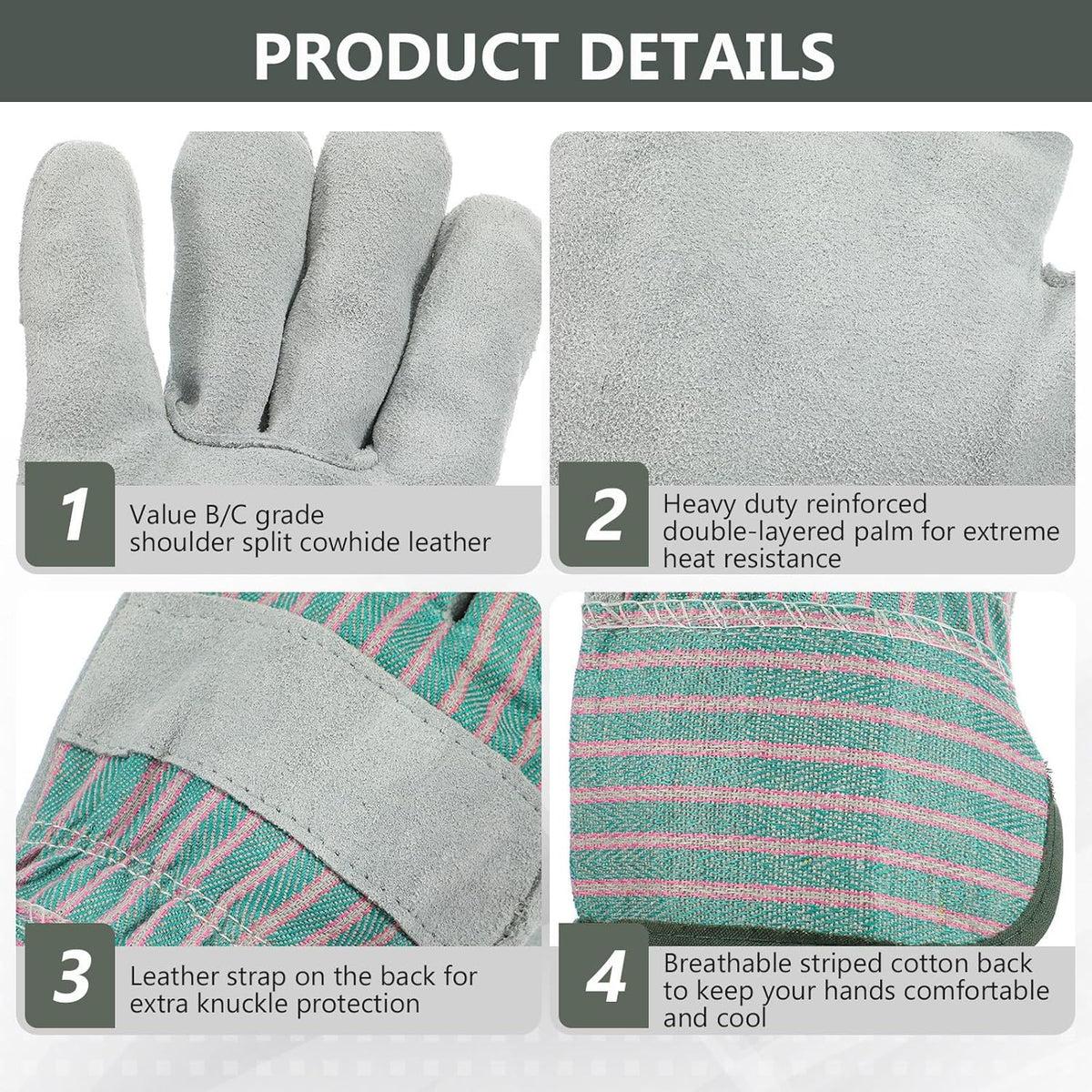 Skiennix Heavy Duty Leather Work Gloves - 12 Pairs, Durable Cowhide, Safety Cuff, 11 x 5.1 Inch