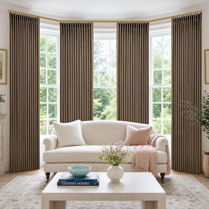 Pleated Chocolate Brown Semi Sheer Sliding Door Curtains 105 Inches Long 4